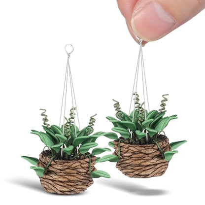 TOYANDONA 2Pcs Miniature Dollhouse Plants, 1:12 Scale Resin Hanging Potted Bonsai for Dollhouse Accessories Decor, Tiny Artificial Greenery for Mini Garden, Living Room & DIY Crafts