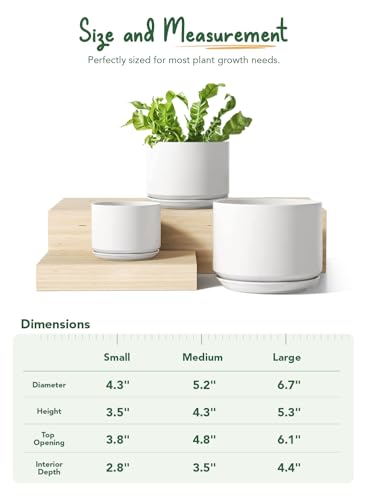 LE TAUCI Ceramic Pots for Plants, 4.3+5.3+6.8 Inch Plant Pots, Indoor Planters with Drainage Hole and Saucer for Succulents, Herbs and Flowers, Set of 3, Satin, White - color: White