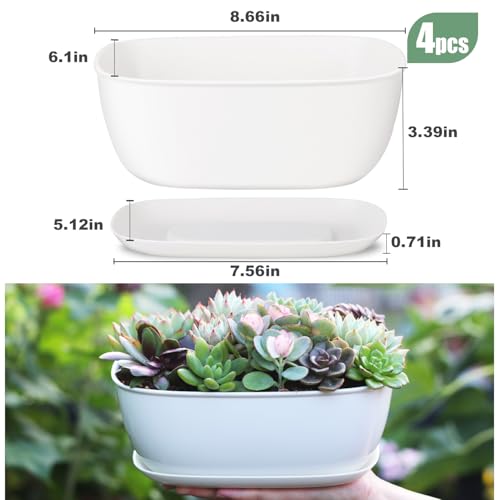 Oliz Set of 4 White Oval Shallow Herb Garden Planters with Drainage Holes and Trays (8.66 Inch) Plant Pots for Herbs Basil Orchids Succulents, Modern Herb Garden Planter for Indoor/Outdoor Plants - size: 8.66 x 6.1 x 3.39-inch