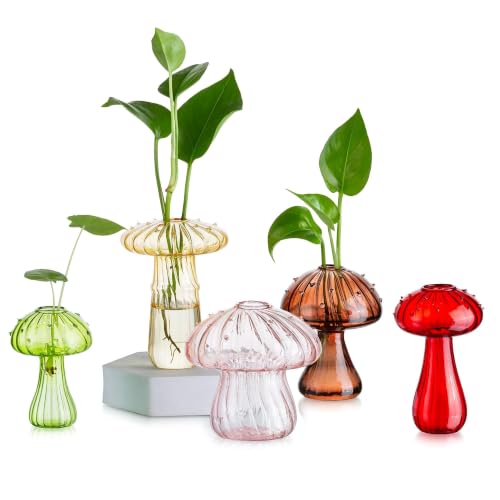 Glasseam Mushroom Plant Propagation Station: 5 Pcs Glass Mini Terrarium | Colored, Small Hydroponic Planter, Cute Propagation Vases for Flowers, Indoor Table, Windowsill, Home Decor, Gift for Women - color: Colorful, size: 5