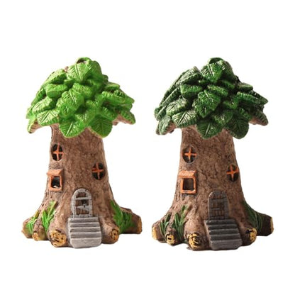 2PC Resin Fairy Tale Treehouse Figurine, Miniature Garden Gnome Home, Plant-Themed Collectible for Indoor/Outdoor Decor & DIY Bonsai/Fairy Garden