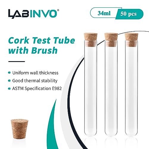 50 PCS of 34ml Glass Test Tubes with Cork Stoppers and Brush, Round Bottom, Thickness 1.0-1.2, 20x150mm, for Plants, Bath Salts, Party Decoration, Scientific Experiments, IN-TTS01 - style: 50 PCS of 34ml,with brush& crock