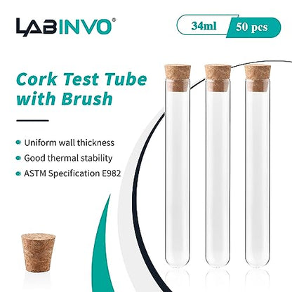 50 PCS of 34ml Glass Test Tubes with Cork Stoppers and Brush, Round Bottom, Thickness 1.0-1.2, 20x150mm, for Plants, Bath Salts, Party Decoration, Scientific Experiments, IN-TTS01 - style: 50 PCS of 34ml,with brush& crock
