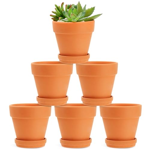 Juvale Clay Pots for Plants - 4.2-Inch Brown, 6-Pack - Terracotta Pots Round with Drainage Holes & Saucers - Succulent Planter & Plant Saucer for Indoor & Outdoor Use