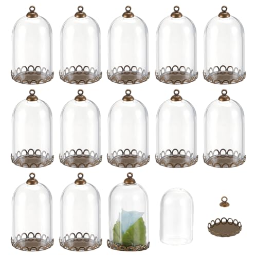 12 Sets Mini Cloche Bell Jar, 20.5x20.5x29mm Oval Glass Display Dome Cloche Pendant Glass Jars with Brass Base for Centerpieces Plants Rocks Specimens Decorations - size: 2.05x2.05x2.9cm