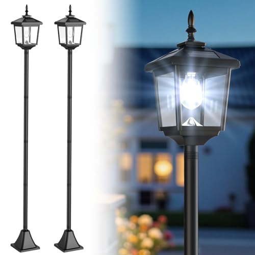 Greluna Solar Lamp Post Light Outdoor, Cool White, IP45 Waterproof Solar Post Lights Outdoor, Pole Lights Decorative Lamp for Yard Garden Patio Lawn Pathway Driveway Front/Back Door 2 Pack