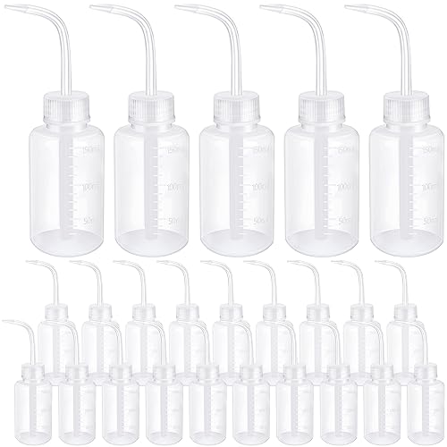 Maxdot 24 Pcs 5 oz Plastic Squeeze Bottles Bulk Transparent White Plant Watering Bottles with Narrow Mouth Scale Labels Tattoo for Safety Rinse Watering Tools, Plant Irrigation