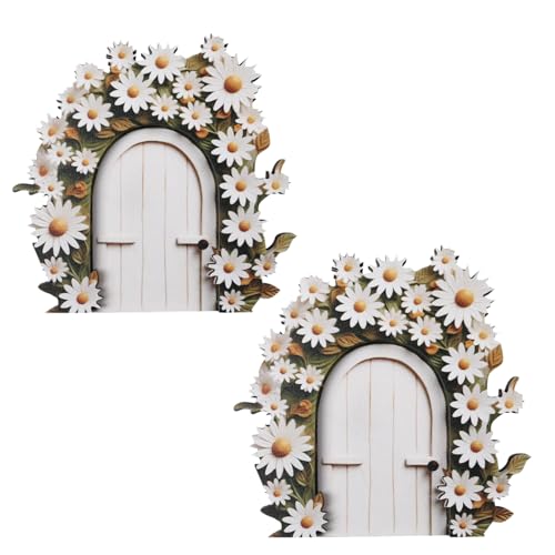 2Pcs White Daisy Frame Fairy Door - Tree Stump Decor, Fairy Door and Windows for Trees Glow in The Dark Fairy Doors Miniature Fairy Garden Accessories for Wall Tree Fairy Garden Outdoor Decor with
