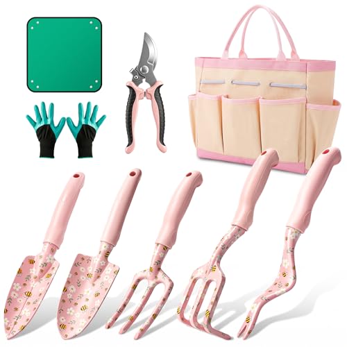 Garden Tool Set Gardening Tools - Heavy Duty Aluminum Tool Kit with Non-Slip Handle, Gardening Gloves and Tool Bag for Weeding, Planting and Pruning, Gifts for Women Mom (Pink Set) - color: PINK SET