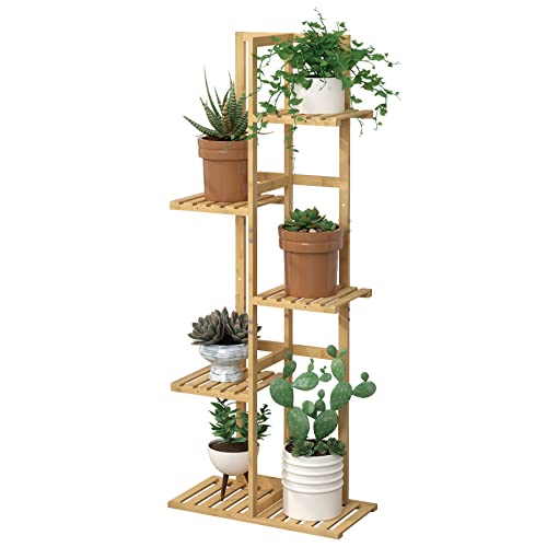Laiensia Bamboo 5 Tier 6 Potted Plant Stand Rack Multiple Flower Pot Holder Shelf, Indoor&Outdoor Planter Display Shelves for Patio Garden, Living Room, Corner Balcony and Bedroom,Wood Color - color: Wood Color, size: 5 Tier