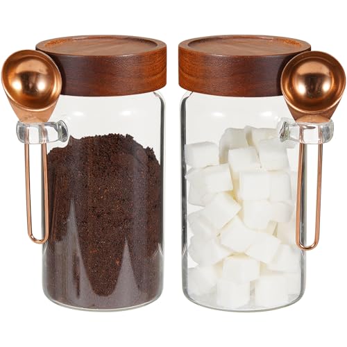18oz Glass Coffee Jars with Scoop Wood Screw Lid Clear Round Spice Jar Herb Container Sugar Storage Bottle Canister for Seasoning Meal Prep Tea Coffee Ground Bean Salts (2×550ml(18oz)with spoon) - color: 2×550ml(18oz)with spoon