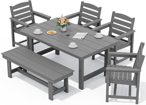 SERWALL Outdoor Dining Set, Patio Dining Set with Bench, Gray - color: Grey, size: 6-Piece (1 Table + 1 Bench + 4 Chairs)