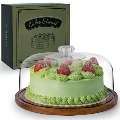 ANBOXIT Cake Stand with Dome Lid, Acacia Wood Cake Plate with Cover - size: Acrylic Dome - Flat