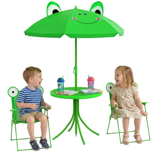 Outsunny Folding Kids Table and Chair Set, Picnic Table with Frog Pattern Removable & Height Adjustable Sun Umbrella for Garden, Backyard, Green | Outdoor Folding Garden Furniture, Patio Backyard, Removable & Height Adjustable Sun Umbrella - color: Green