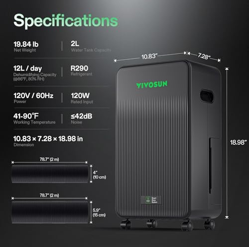 VIVOSUN AeroDrain D12 Smart Dehumidifier Up to 12L/day for Grow Tents | Temperature & Humidity Monitoring, Smart App Control, Sensor Probe, Grow System Compatible, Auto Restart