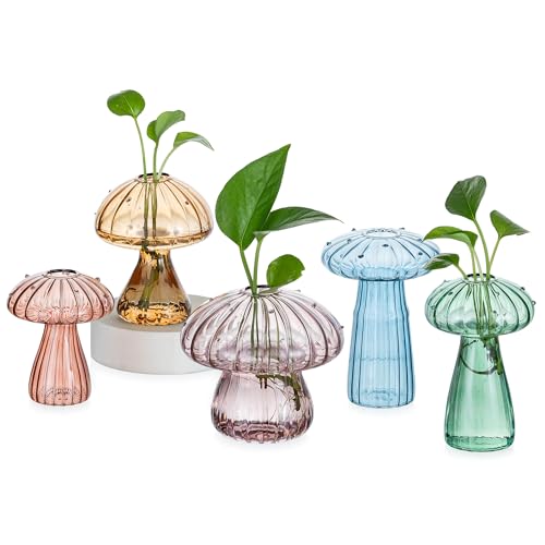 Hewory Plant Propagation Stations: 5PCS Colored Mushroom Vase for Flower | Propagation Vases, Mushroom Decor, Gifts for Plant Lovers, Mother, Glass Planter for Windowsill, Buddy, Terrarium Kit, Jars - color: Multi-color, size: 5