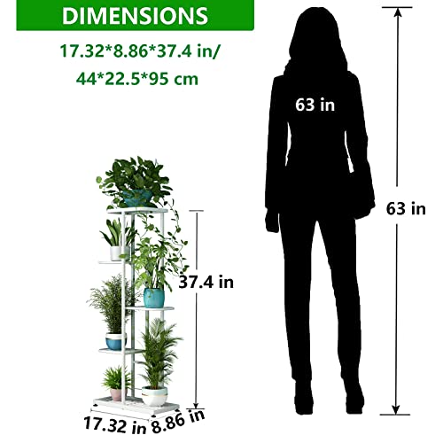 LINZINAR Plant Stand Metal 5 Tier 6 Potted Multiple Flower Pot Holder Shelf Indoor Outdoor Planter Display Shelving Unit for Patio Garden Corner Balcony Living Room (5 Tier 6 Potted, White) | Space Saving,6 Potted Multiple Flower Pot Holder,Tiered Plant R