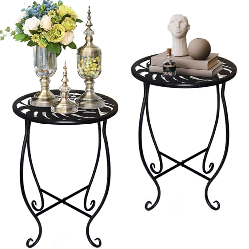 Small Side Tables for Small Space, 2 Pack Metal Outdoor Indoor Side Table | Weather Resistant Mini Metal Round Side Table Pool Chair Side Table for Patio Yard Porch Balcony Garden Bedside, Black