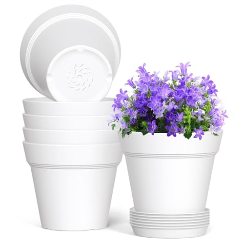 WSMKSZ 7 Inch Thick Plastic Plant Pots with Drainage Holes and Trays – 6 Pack Nursery Pots for Indoor & Outdoor House Plants, Seedling Starter Planters for Garden Flowers, White - color: White, size: 7in 6pcs