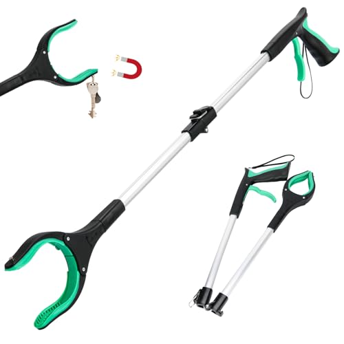 Grabber Reacher Tool,32 Inch Extra Long Foldable Pick Up Stick with Strong Grip Magnetic,360°Rotating Anti-Slip Jaw,Trash Claw Grabber Tool,Trash Picker Tool for Outdoor & Indoor (Green) - color: Green