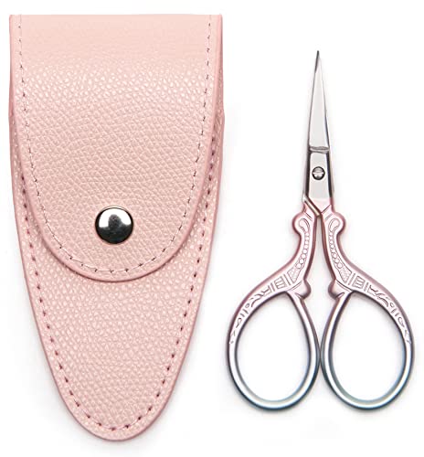3.6 inch Small Sewing Scissors, Mini Scissors in a Pouch, All Purpose with Leather Sheath Cover, Color PINK Green - color: X-pink Green, size: 3.6-INCH