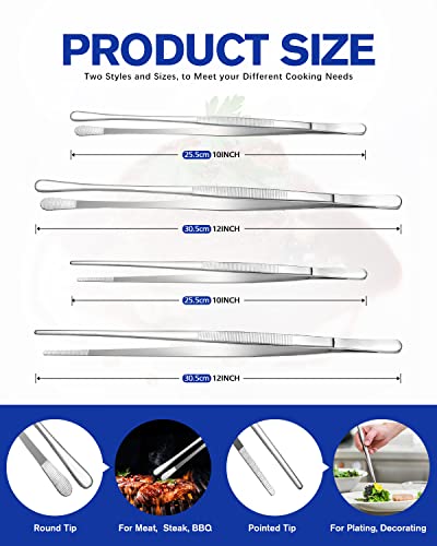 4 Pcs Fine Long Tweezer Tongs Professional Silver, 12'' and 10'' Stainless Steel for Kitchen, Food, Cooking, Repairing, Sea food and BBQ - color: Silver