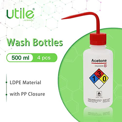 Utile 4pcs of Vol. 17oz (500ml) Acetone Wash Bottles, Narrow Mouth, Self-Venting Safety Squeeze Bottle, LDPE Material with PP Material Closure, 5511.0171.4 - style: 4pcs of Acetone Wash Bottles