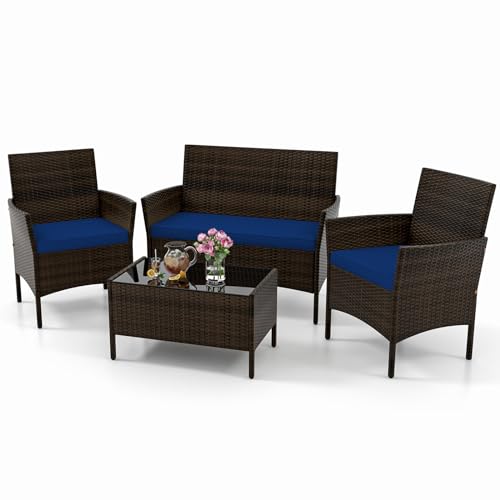 KOTEK 4 Piece Patio Furniture Set, Outdoor Rattan Conversation Set with Loveseat, Wicker Chairs, Tempered Glass Coffee Table, Wicker Patio Set for Backyard, Porch (Navy) - color: Navy