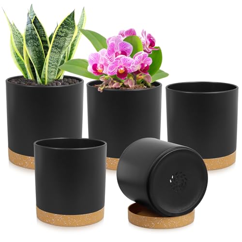 WSMKSZ 5 Pack Cylindrical Flower Pots with 7/6.5/6/5/4 inch, Modern Small Plastic Plant Pots with Drainage Holes & Saucers, Round Planter Pots for Outdoor, Indoor & Office Decor (Black Brown) - color: Black With Brown, size: 7+6.5+6+5+4 inch