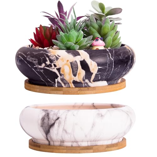 ARTKETTY Succulent Pots, 7.3 Inch Ceramic Bonsai Pots with Trays Set of 2 | Large Plant Pots with Drainage Shallow Planters for Indoor Plants Marble Cactus Flower Plant Container Bowl - color: White Black & Black
