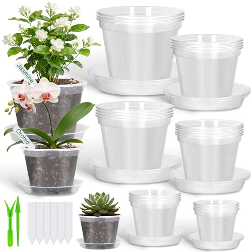 Modacraft 26 Pack Clear Plastic Nursery Pot for Plants with Saucers | Variety Pack(3.1/3.5/3.9/5.1/5.9/7.1 inch), Design with Drainage Holes, Uses for Indoor or Outdoor, 2 Garden Tools, 30 Labels