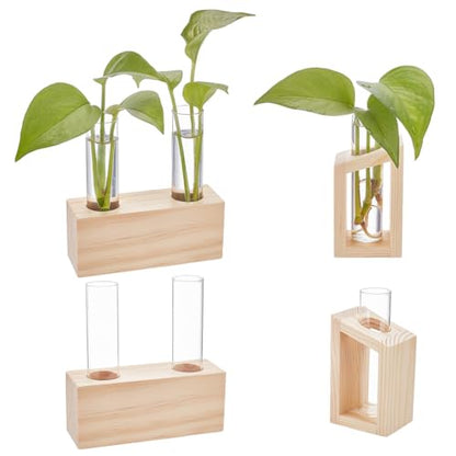 OLYCRAFT 4 Set Plant Propagation Station 2 Style Glass Tube Vase with Wooden Stand Hydroponic Propagation Planter Tabletop Tube Glass Vase for Station Home Office Decoration Plant Lovers