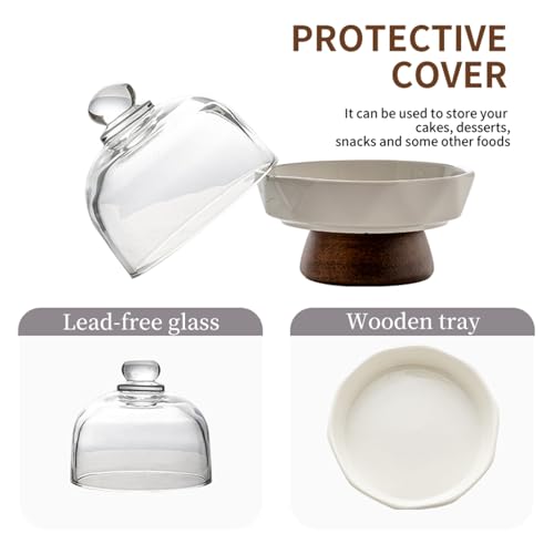 2 Pack 4 in Mini Ceramic Cake Stands with Glass Domes, White Dessert Cloche Displays with Acacia Wood Feet for Macarons, Cupcakes, Candy, Cheese, Tea Parties and Dessert Bars - color: 2 Sets 4 Inch Mini Ceramicglass Dessert Dome