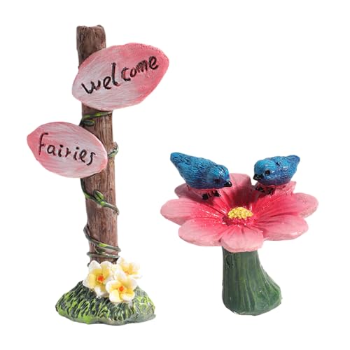 2Pcs Welcome Sign Fairy Garden Decor and Cute Flower Shaped Sculpture Statue Fairy Garden Decor House Miniature Garden Sculpture Statues Accessories