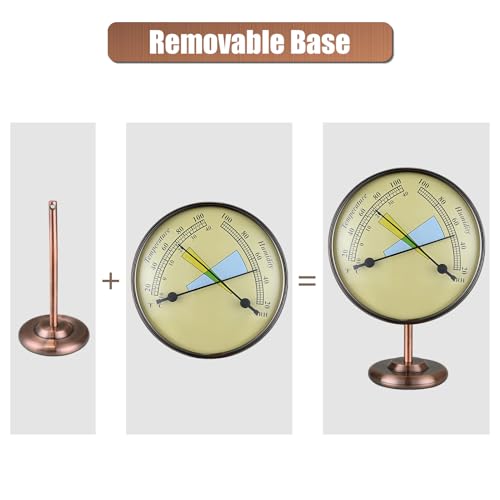 4 in Antique Solid Brass Analog Thermometer Hygrometer | 2 in 1 Weather Station, Detachable Stand, Battery-Free, Rust Waterproof, High Accuracy, For Home Patio Indoor Outdoor - color: Brass Housing with Beige Dial