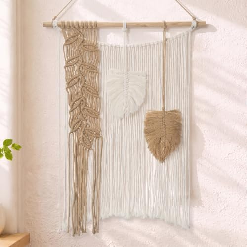 Briful Macrame Wall Hanging with Woven Feather Leaves 15.94" x 21.26" - color: Brown