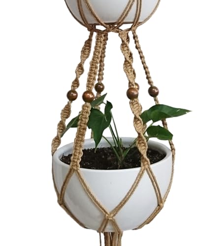 1 PCS 6 Legs Macrame Plant Hanger Jute Double Tiers Plant Hanger & Plant Holder with 6 pcs Round Brown Wood Bead, Hanging Planter 65-inches for 8 inch and 10 Inch Plant Pot (Without Pot)