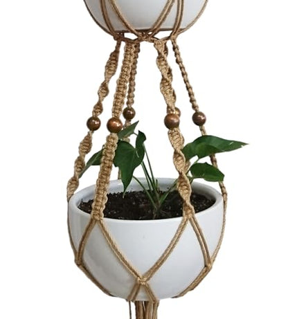 1 PCS 6 Legs Macrame Plant Hanger Jute Double Tiers Plant Hanger & Plant Holder with 6 pcs Round Brown Wood Bead, Hanging Planter 65-inches for 8 inch and 10 Inch Plant Pot (Without Pot)