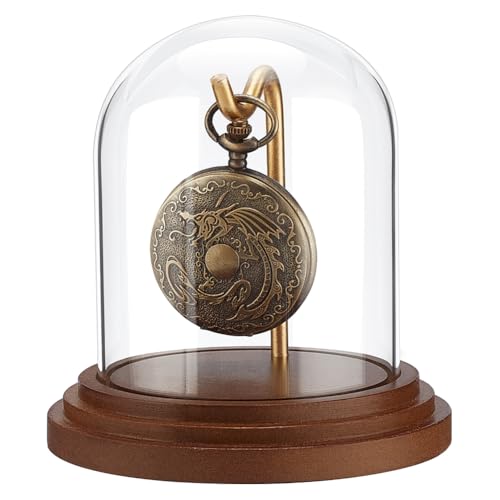 PH PandaHall Pocket Watch Display Dome Cloche with Hook 4.2"x4" Watch Display Jar Decorative Glass Display Case with Wood Base for Watch Plants Medals Collectibles Ornaments, Father's Day - size: 4.2x4 Inch