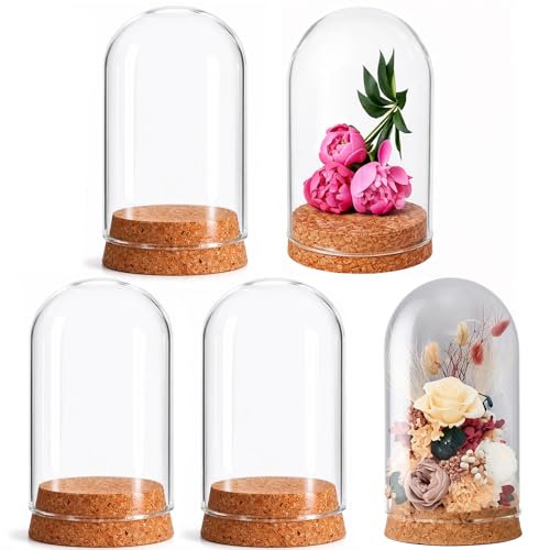 IMIKEYA 5Pcs The Bell Jar Glass Cloche with Rustic Wood Base, Tall Clear Decorative Cloche Glass Dome Display Case for Plants, Curios, Keepsakes, Heirlooms