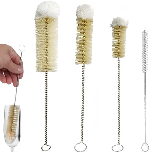 Narrow Bottle Brush Set Small Bottle Brushes Thin Long Handle Bottle Brush | 4 Pack with Natural Boar Bristle & Soft Cotton Tip, 304 Stainless Steel Handle,for Water Bottles, Test Tubes, Straws