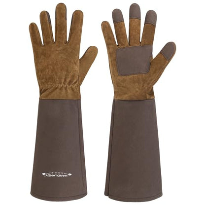 HANDLANDY Long Gardening Gloves for Men & Women, Pigskin Leather Rose Pruning Gloves- Breathable & Durable Gauntlet Glove (X-Large, Brown) - color: Brown, size: X-Large (Pack of 1)