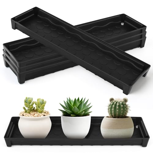 5 Pack Rectangular Plant Trays Saucers 16" Plastic Plant Pot with Drain Plugs for Indoors Outdoor 16x4.5x1.5 Black Windowsill Saucer Tray with Garden Tools - size: 16"x4.5"x1.5"(5 pack,Rectangle)