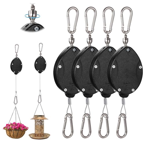 4-Pack Retractable Plant Hangers, Upgraded Heavy Duty Hanging Plant Holder with Auto Lock, Adjustable Pots Pulleys for Outdoor Indoor Garden, Birds Feeder and Grow Lights, Easy to Raise and Lower
