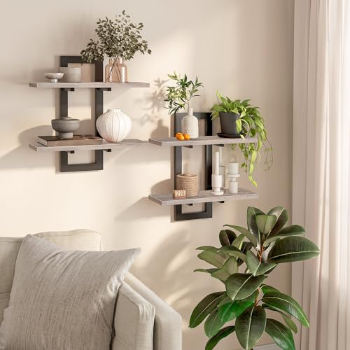 HOOBRO Floating Shelves, 15 Inch Wall Shelf Set of 2, Wall Mounted Storage Shelves 2-Tier, Hanging Bathroom Shelves, for Living Room, Bedroom, Bathroom, Kitchen, Greige BG32BJ01 - color: Greige + Black