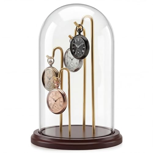 Beeveer 1pc 4.7x8 Pocket Watch Display Case 4 Hook Walnut Gold | Wooden Base Glass Dome Cloche, Stable Metal Holder, Hold Watches Medals Collectibles, Desktop Shelf Decor, for Collectors - color: Walnut Gold, size: 4 Hooks