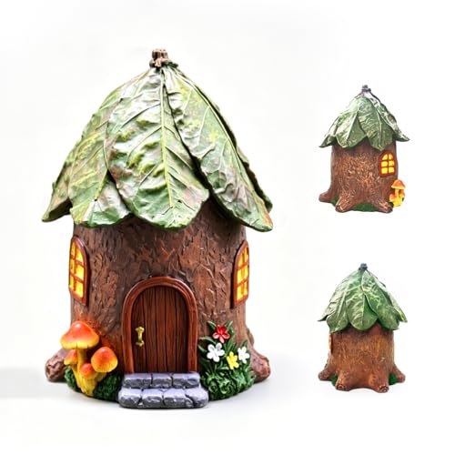 Miniature Fairy Garden Accessories Leaf House Kit 6.7 * 4.8inch | Green Leaf Roof Cottage, Mini Resin Fairy Garden Ornament Supplies, Outdoor Village Landscape Decor Accessories - color: Green Leaf House