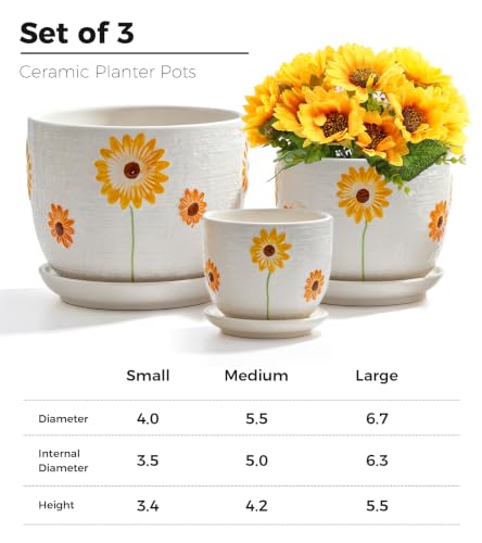 Ceramic Plant Pots,Sunflower Planters with Drainage Holes & Matching Saucer | Ceramic Flower Pot for Indoor Plants | Medium Plant Pots | Cute Herb Planting Pots | Hand-Painted Sunflower Design Pots - color: White and Yellow