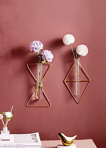 yaooral 2 Pack Luxury Nordic Hanging Wall Mounted Gold Flower Vase | Metal Frame Glass Tube/Minimalist/Cute Exquisit Pretty/Geometric Hydroponic Bud Vase Decor for Wall Home Wedding Farmhouse - style: triangle rhombus