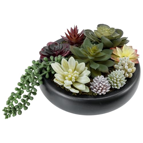 MyGift 8 Inch Artificial Succulent Plant Black Concrete Planter Bowl - color: Black